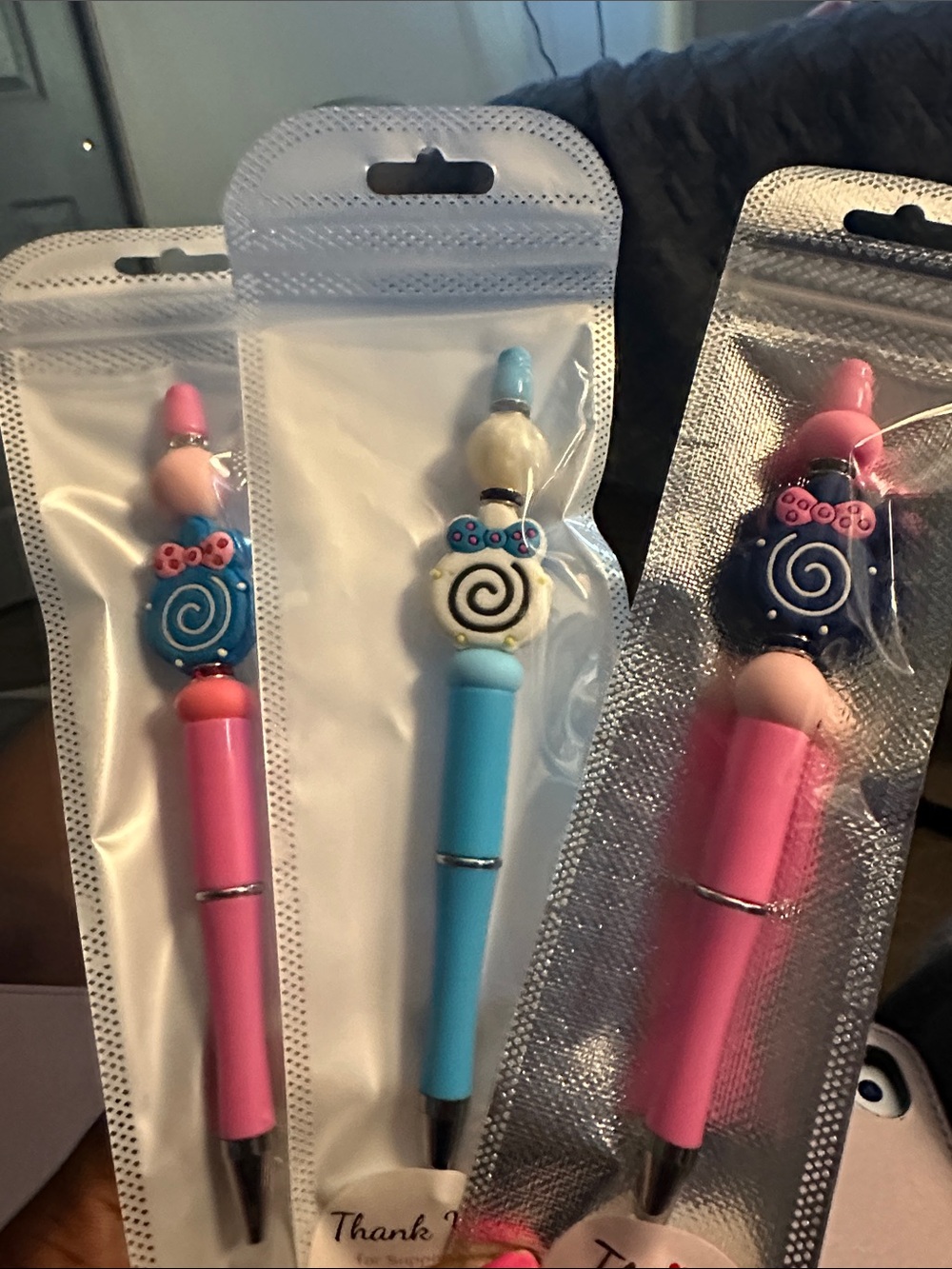 Hand Crafted Kids Swirl-Top Bead Pens in Pink & Blue 3 pens $24 or $8 each